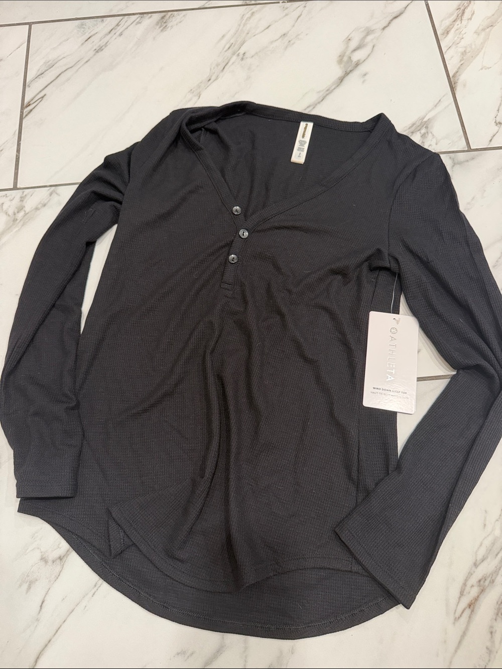 Athleta Black Long-Sleeve Waffle Henley Top